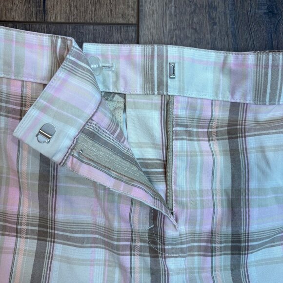 Izod Ladies Performx Plaid Golf Shorts Size 16 Beige Pink Brown Chino Stretch - Picture 3 of 6